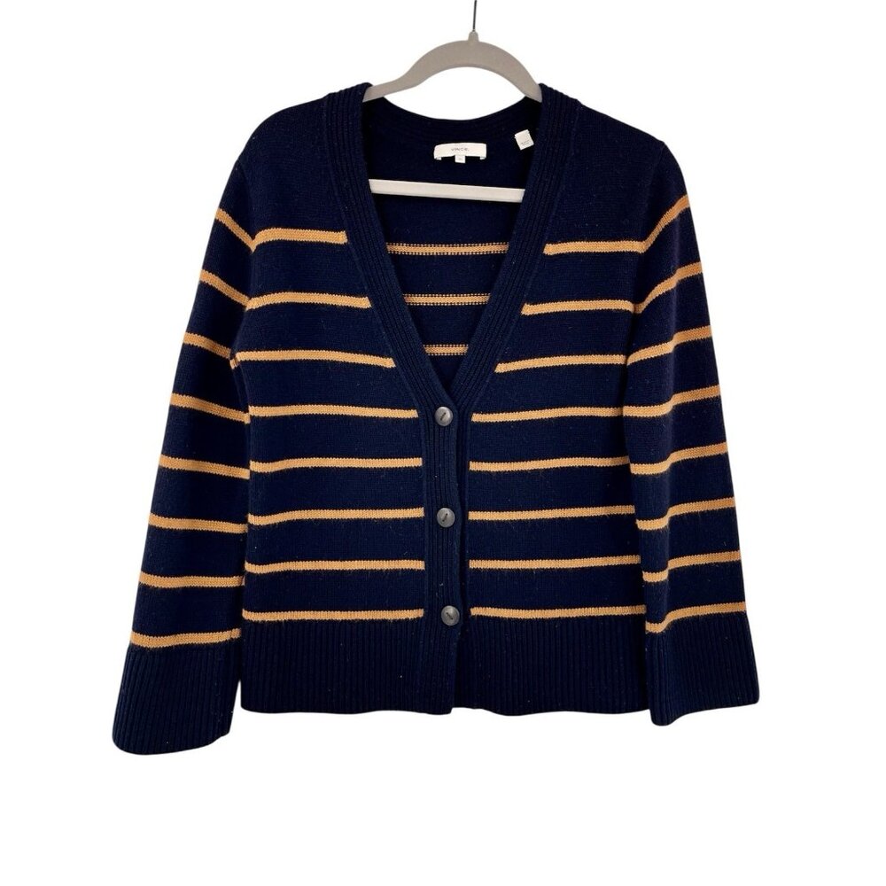VINCE. Women's Navy Gold Stripe Cashmere/Wool V-Neck Button Sweater Cardigan XS